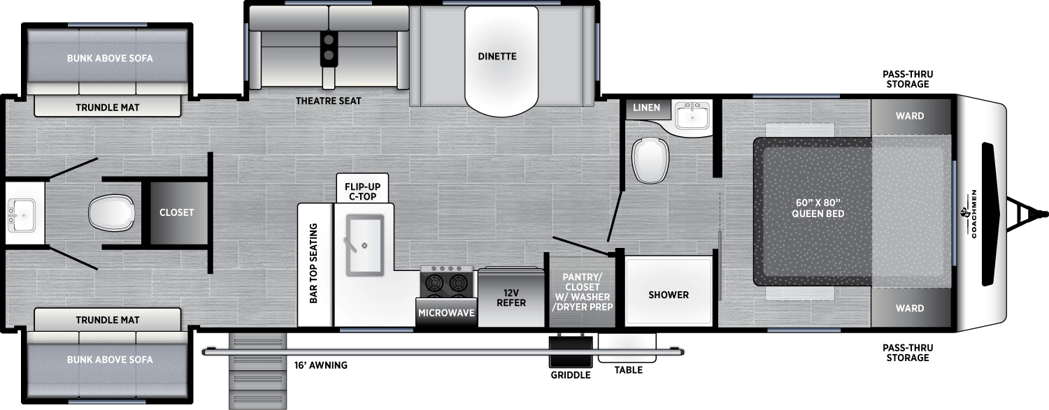 The Freedom Express Liberty Edition 330BHJJ floorplan has one entry and three slide outs. Exterior features include: fiberglass exterior, 16' awning and outside kitchen. Interiors features include: bunk beds, front bedroom, pass through bathroom and bathroom and a half.